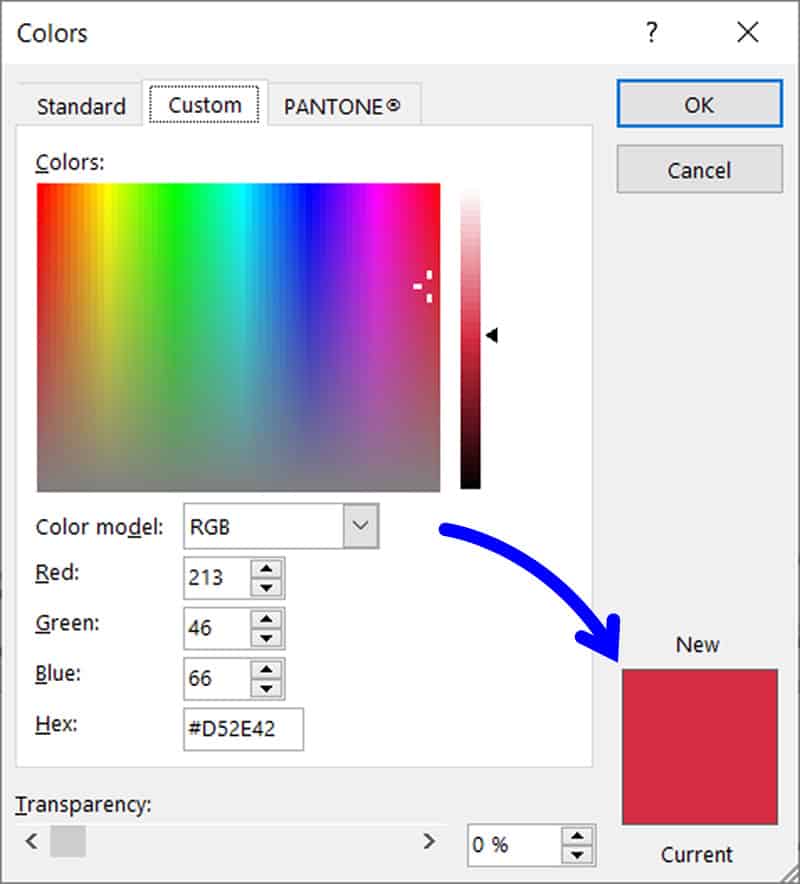 Colors dialog box with new color displayed.