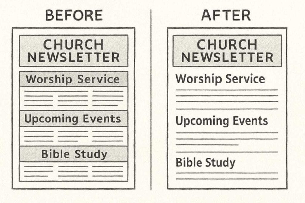 Before and after examples of a church newsletter with text boxes and rule lines