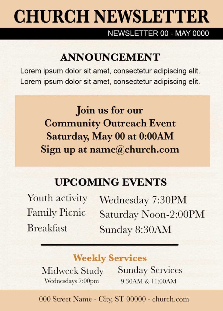 Church newsletter example using best practices of rule lines and text boxes 