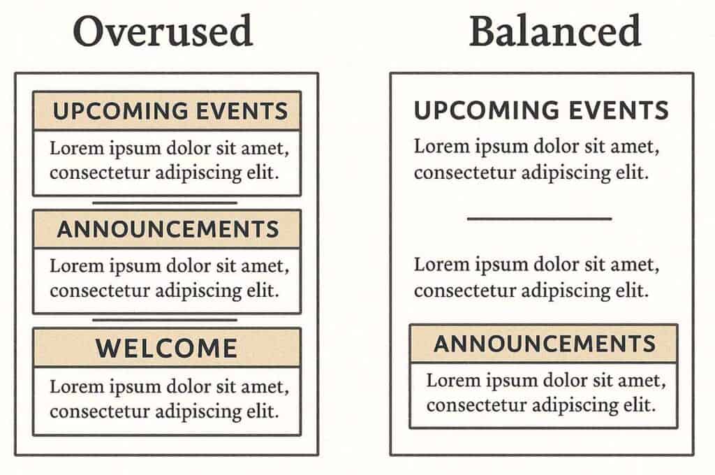 Examples of church newsletters with overused and balanced text boxes and rule lines