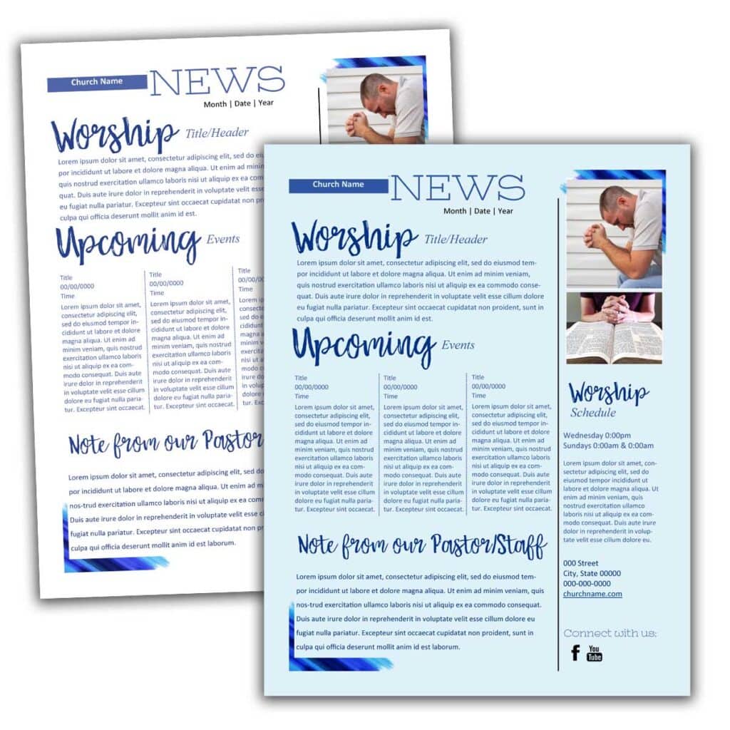 Two versions of a church newsletter printed on different shades of paper — one white and one light blue — demonstrating how paper color can affect the overall look and readability of church communications.