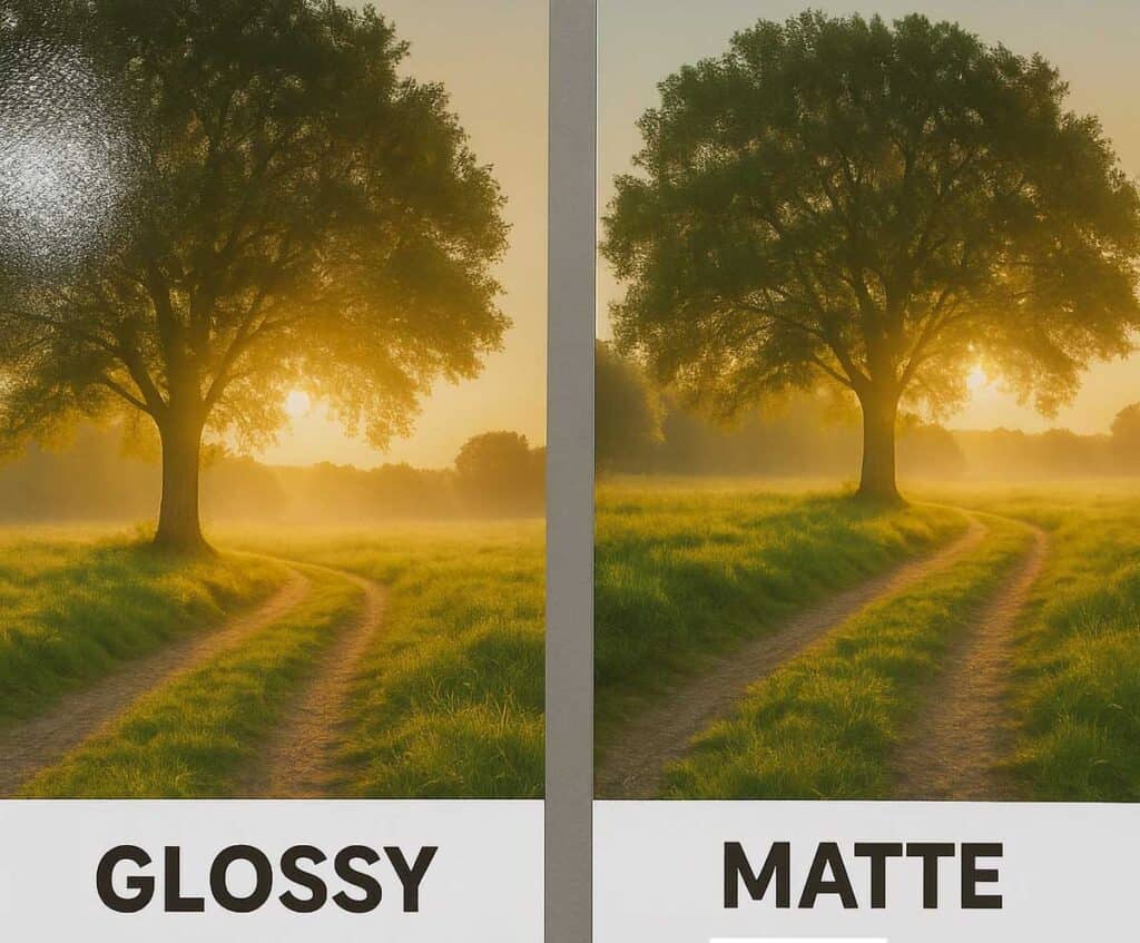 Side-by-side comparison of a printed photo of a tree-lined path at sunrise, showing the difference between glossy paper (shiny, reflective surface) and matte paper (smooth, non-reflective finish). Each side labeled “Glossy” and “Matte.”