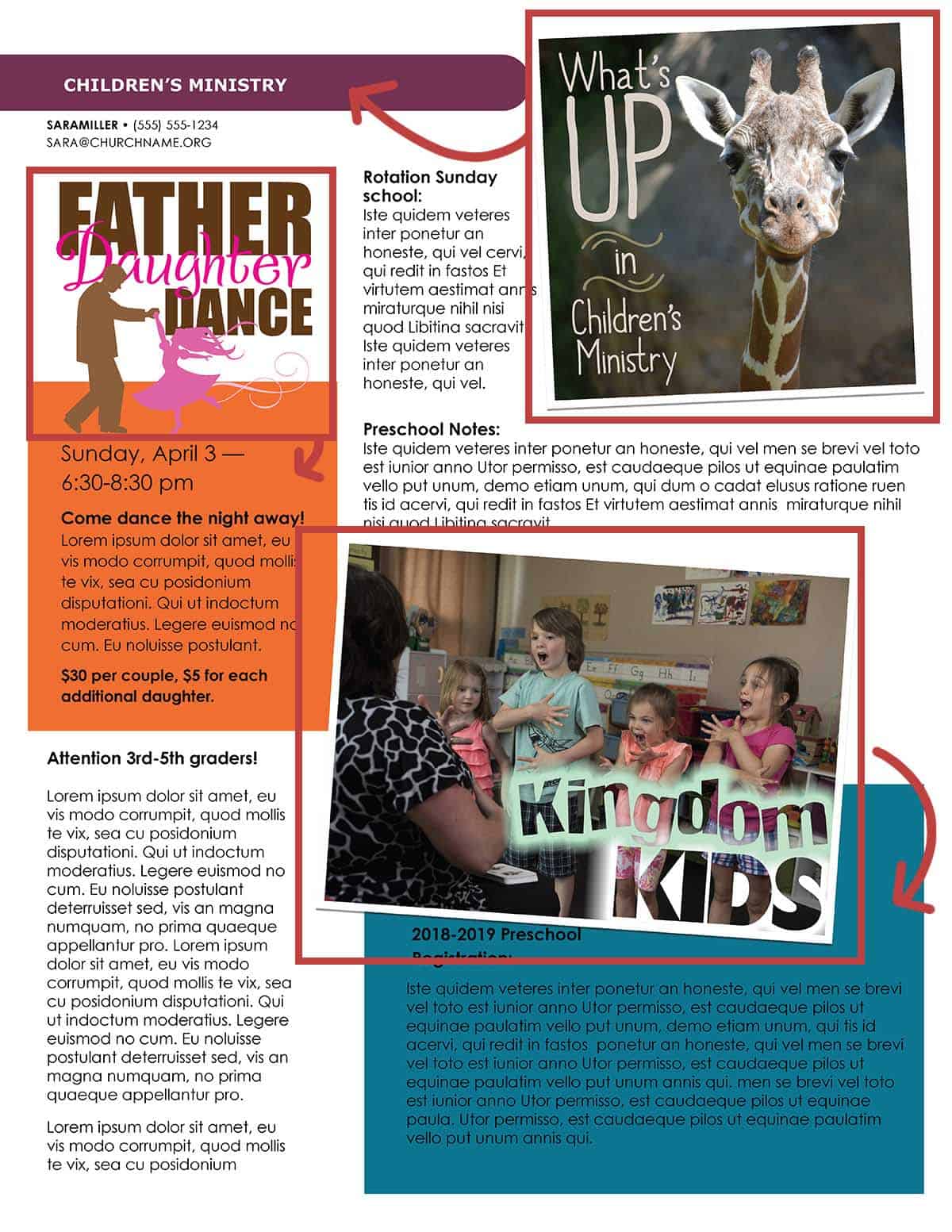 Colorful children’s ministry newsletter page featuring a father-daughter dance announcement, a giraffe graphic reading “What’s Up in Children’s Ministry,” preschool notes, and a photo of children singing in a classroom promoting Kingdom Kids preschool registration.