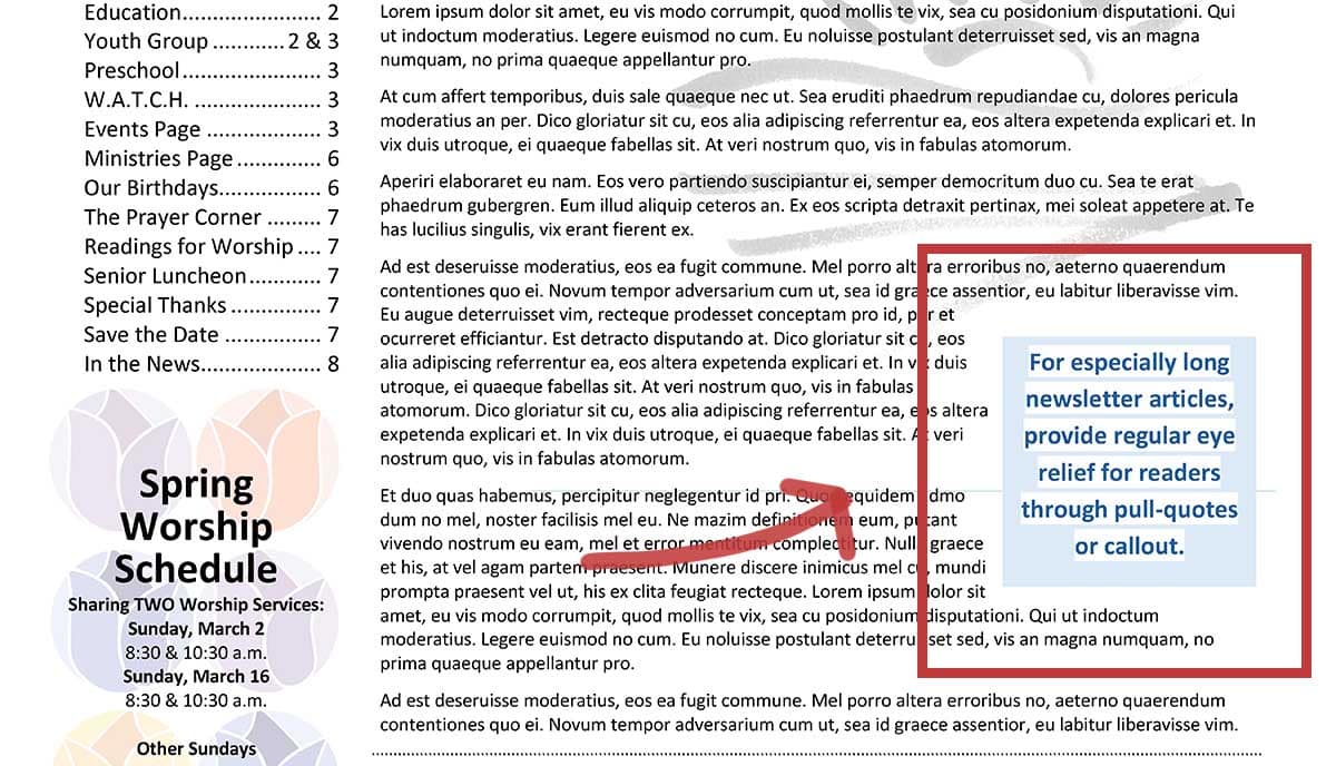 Church newsletter layout with a contents list and spring worship schedule beside a long article. A highlighted callout reads, “For especially long newsletter articles, provide regular eye relief for readers through pull-quotes or callout.”