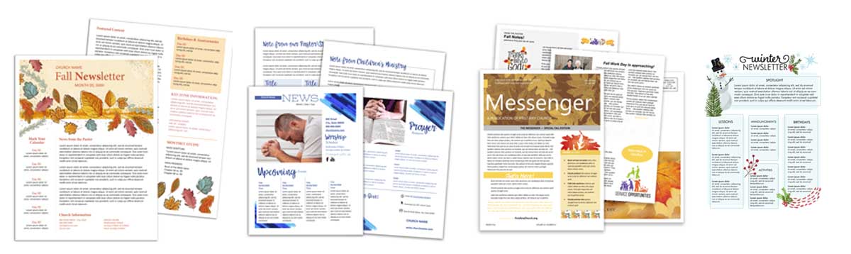 A collection of church newsletter templates arranged across a white background, featuring fall leaves, blue prayer imagery, autumn-themed ministry announcements, and a winter design with evergreen branches and snowflakes.