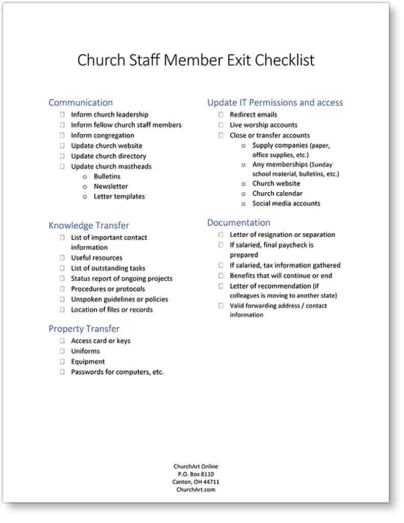 Exiting A Church Staff Members Checklist Worksheet