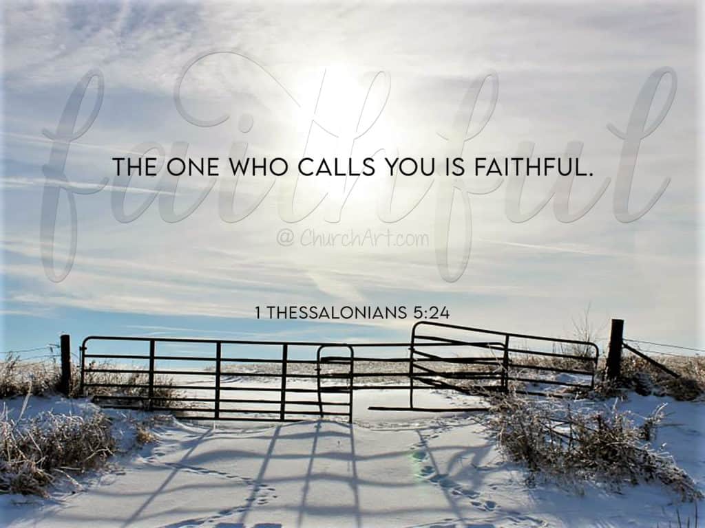 1 Thessalonians 5 Scripture typed out on a photo of a field covered in snow with a gate