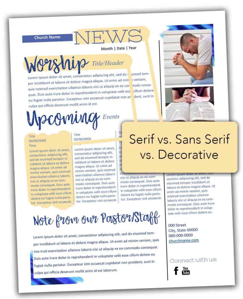 Example of a church newsletter layout showing the use of serif, sans serif, and decorative fonts.