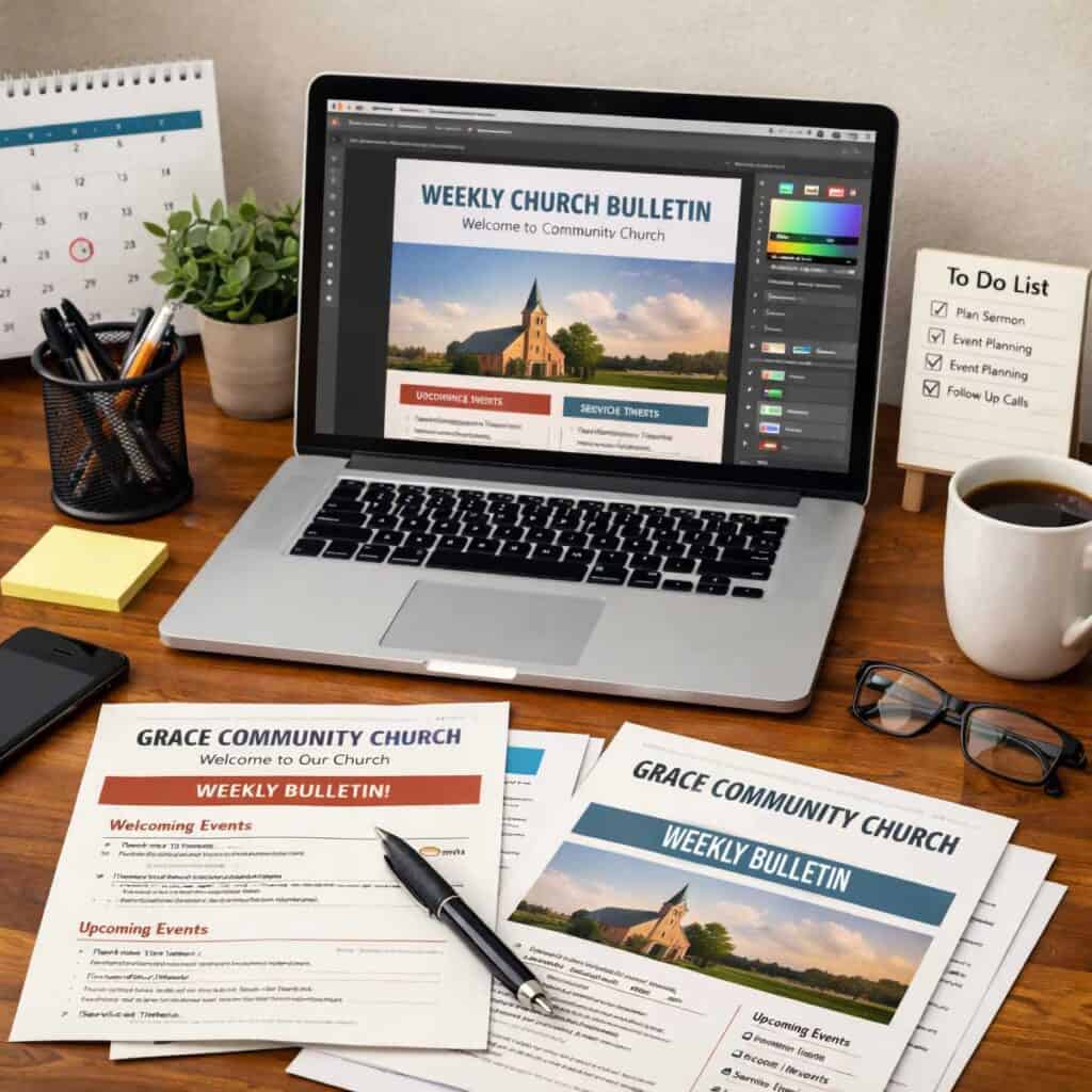 Laptop displaying a weekly church bulletin design with printed bulletin pages on a desk.