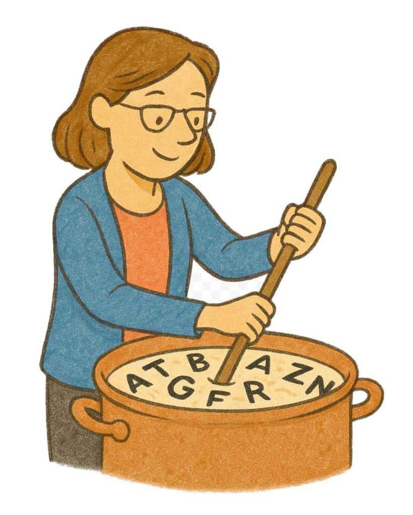 A smiling church editor stirs a pot filled with jumbled letters, representing how church jargon can become a confusing alphabet soup.