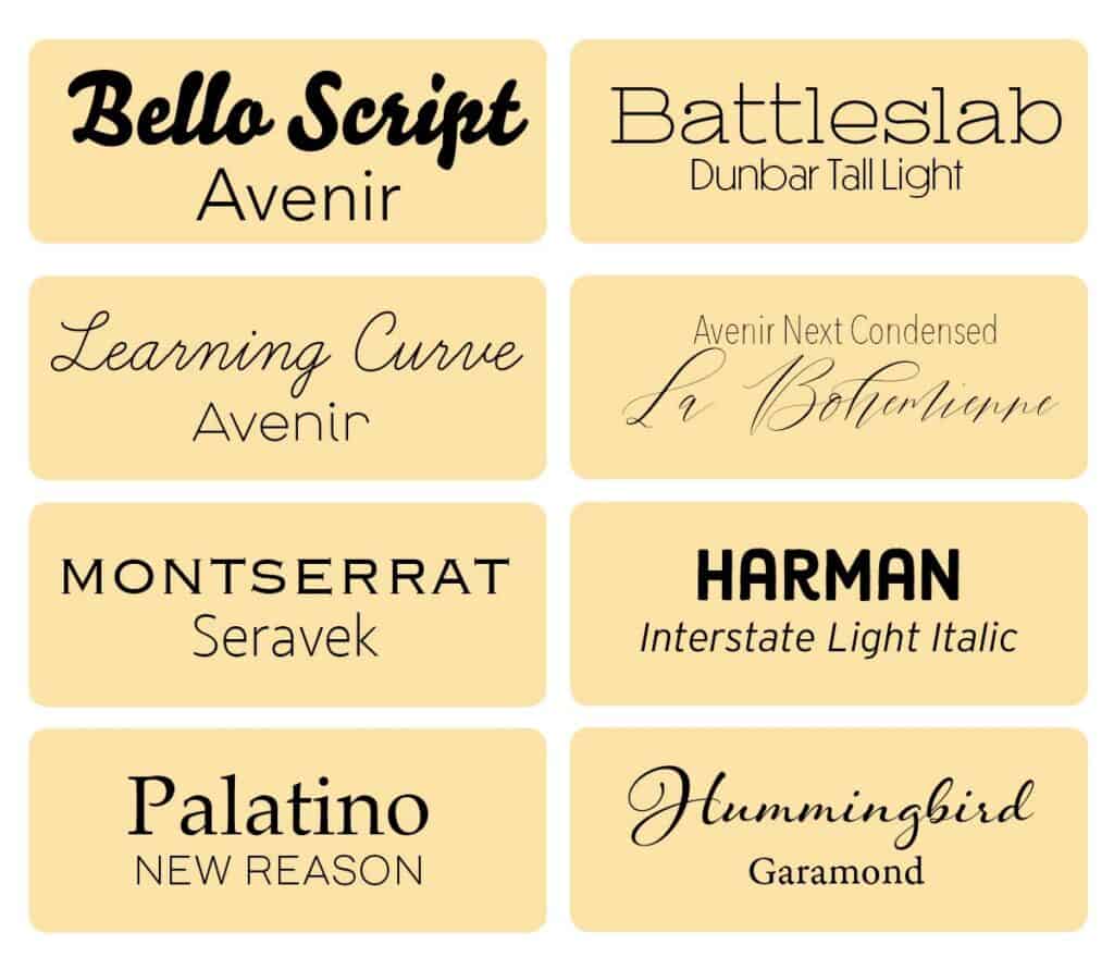A grid of font pairing examples on a beige background.