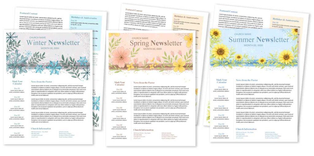 Examples of seasonal church newsletter templates including winter, spring, and summer designs