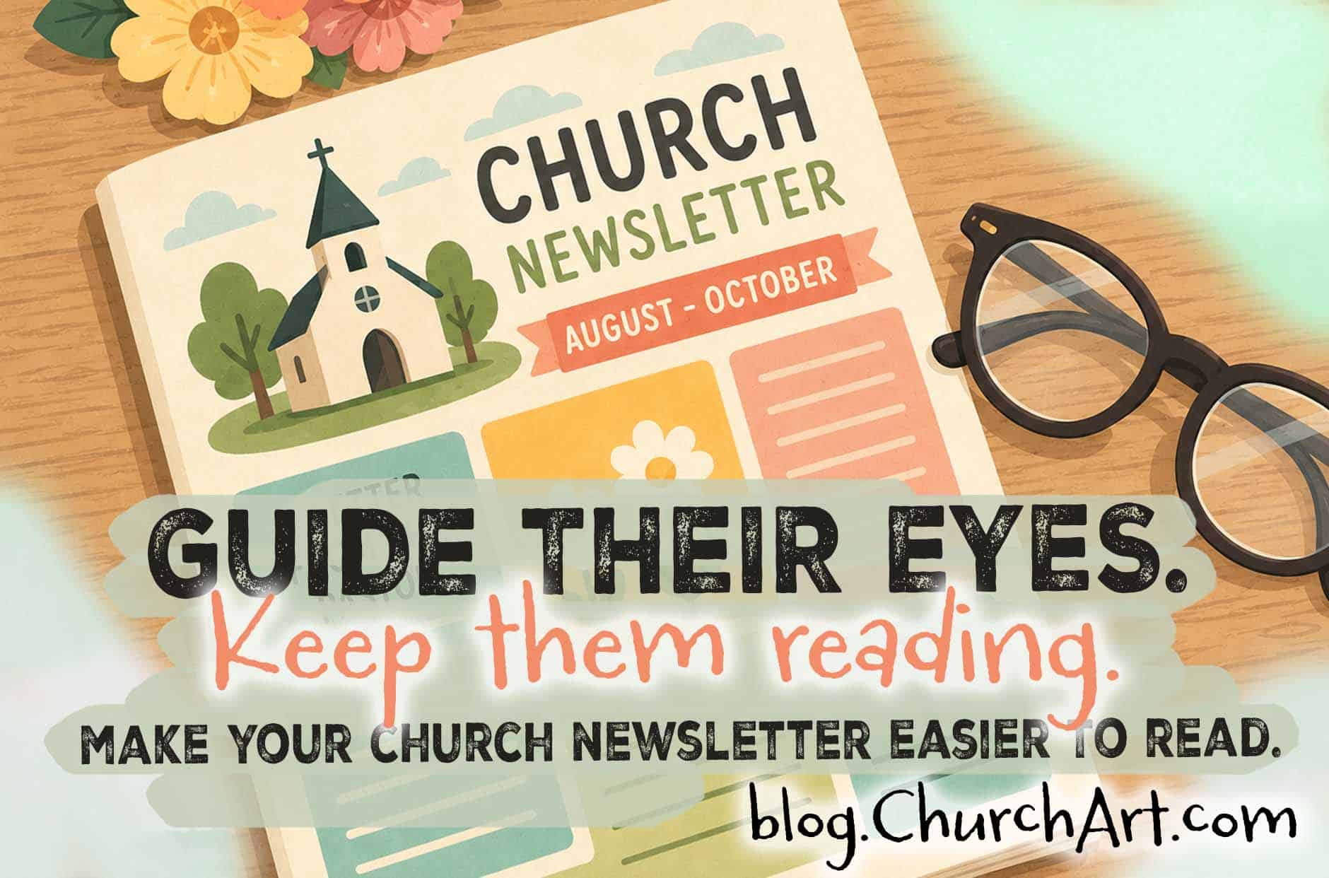 A church newsletter accessibility graphic showing a newsletter beside reading glasses with the message, “Guide their eyes. Keep them reading