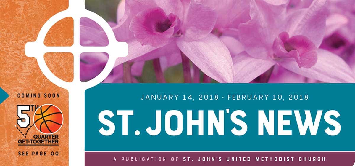 Below is a sample St. John’s newsletter featuring pink flowers, an event sidebar, and a highlighted pull quote demonstrating how visual design guides readers through long articles.