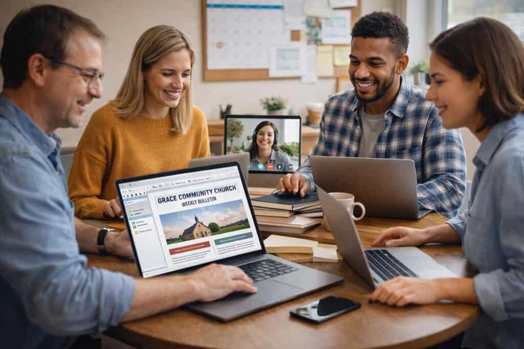 Church staff gathered around laptops reviewing a weekly bulletin layout during a collaborative meeting.