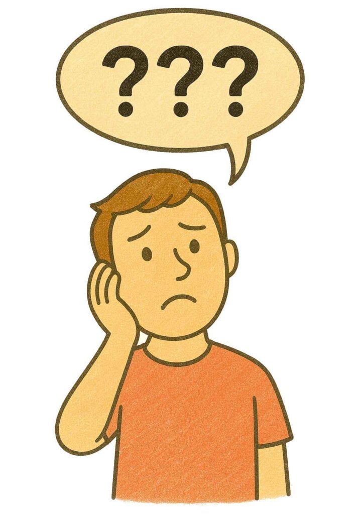 A puzzled church visitor with a speech bubble full of question marks, symbolizing confusion about unfamiliar church terms.