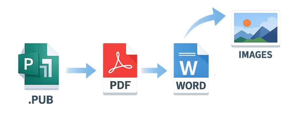 Diagram showing a Publisher .pub file being converted into PDF, Word, and image formats.