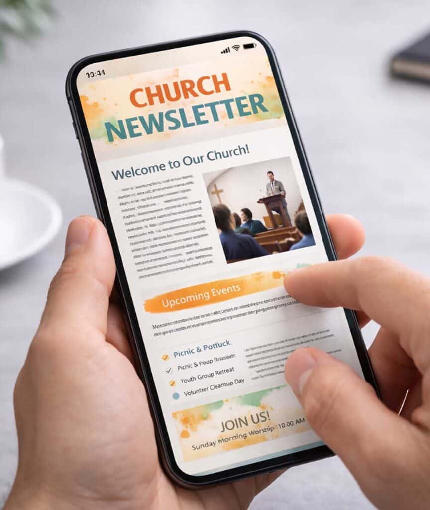 Person viewing a church newsletter on a smartphone showing events, welcome message, and church updates