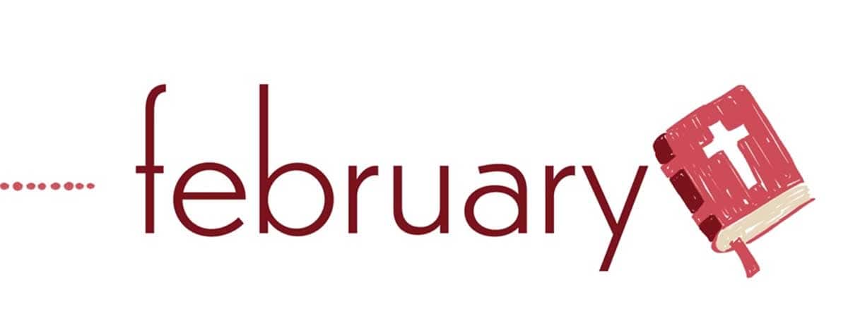 February calendar heading with an illustrated red Bible and white cross.