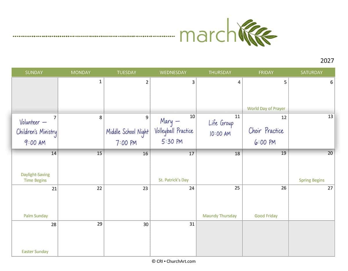 Printable March 2027 church calendar with space for ministry events and important Christian holidays.