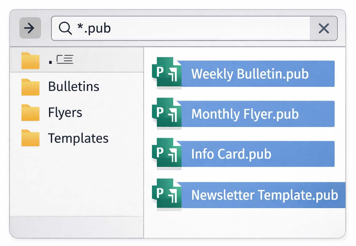Computer window showing a search for .pub files including weekly bulletins, flyers, and templates