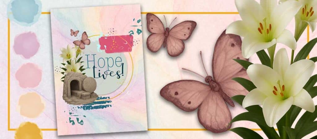 Easter design symbols including lilies, butterflies and soft pastel colors. 