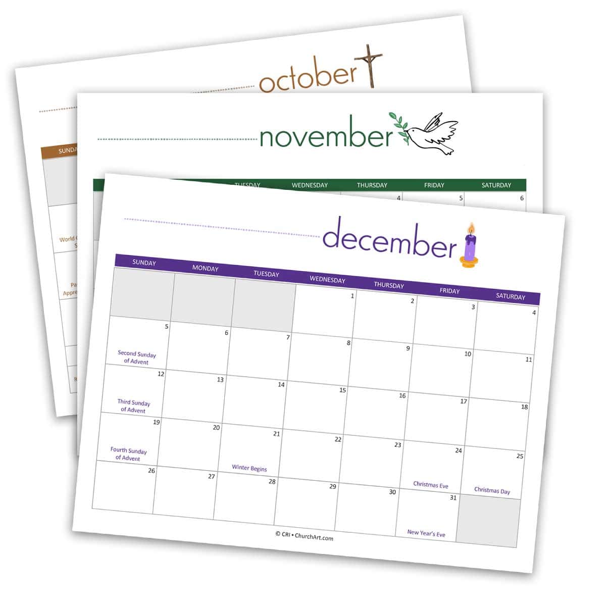 Printable church calendar pages for October, November and December featuring Christian symbols and important church holidays.