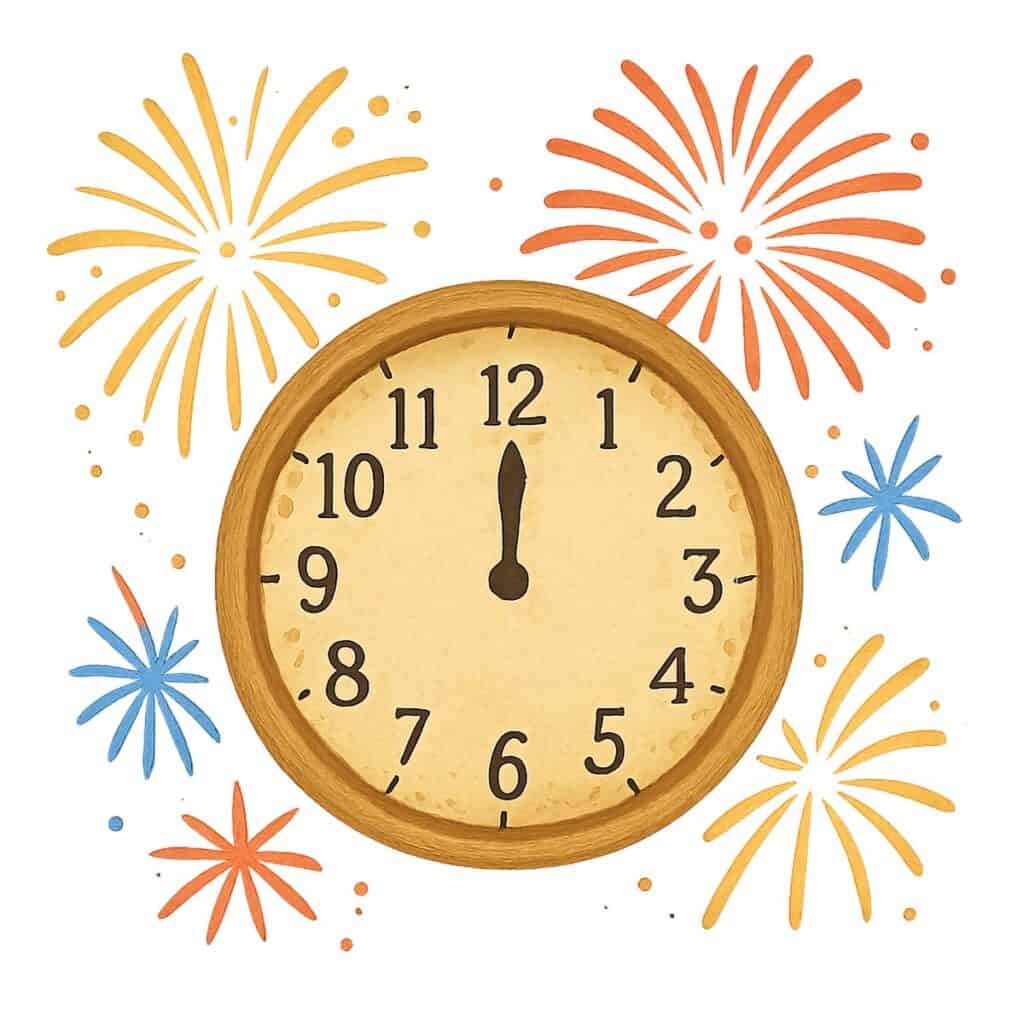 Illustration of a vintage clock striking midnight surrounded by colorful fireworks, symbolizing the New Year.