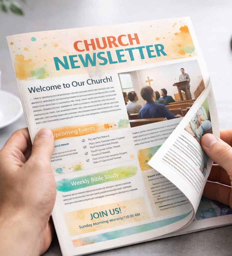 Hands holding a printed church newsletter with sections for welcome message, events, and weekly updates.