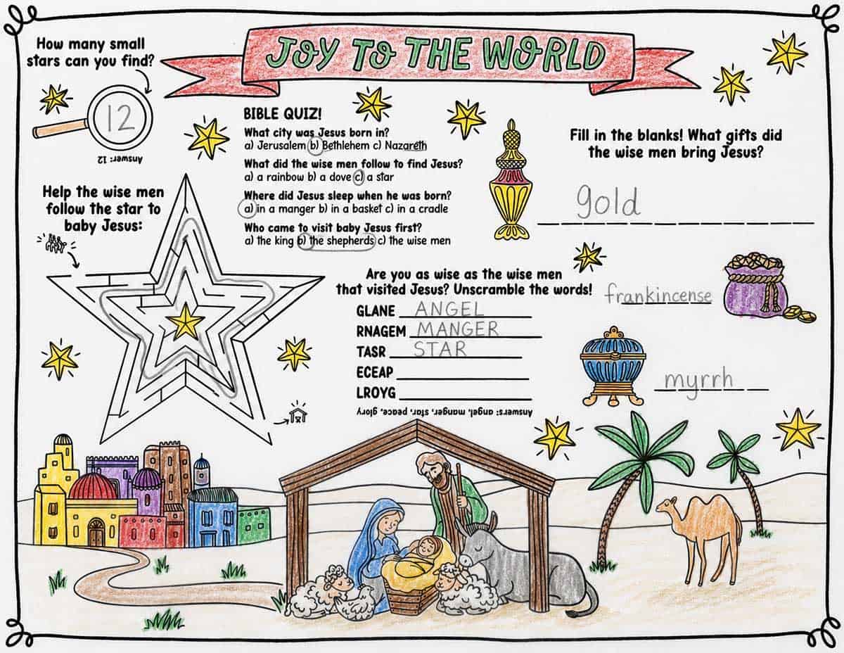 Printable “Joy to the World” Christian Christmas activity sheet for kids featuring a Nativity scene, Bible quiz, star maze, word puzzles and the Wise Men’s gifts.