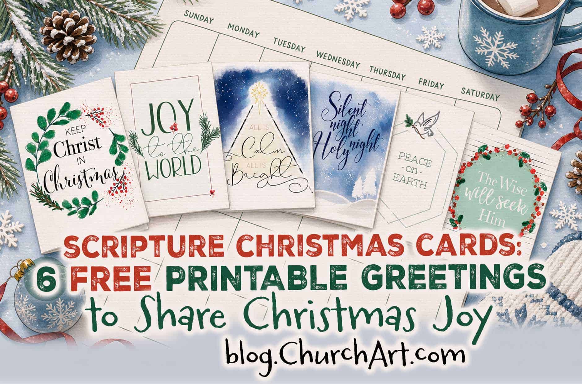 Six free printable Scripture Christmas cards with Christian greetings to share Christmas joy, available from the ChurchArt blog.