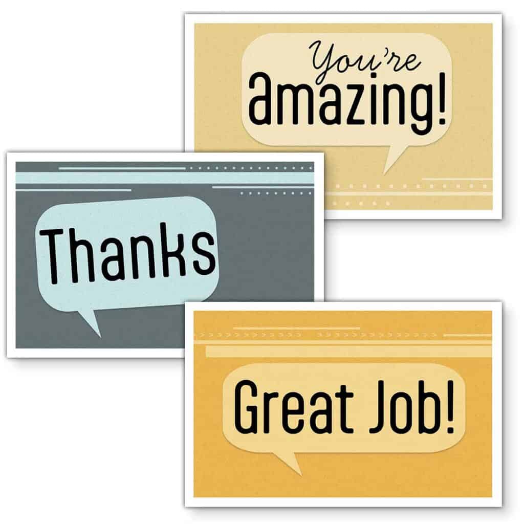 Three illustrations of thank you cards with You're Amazing, Thanks ad Great Job written on them.